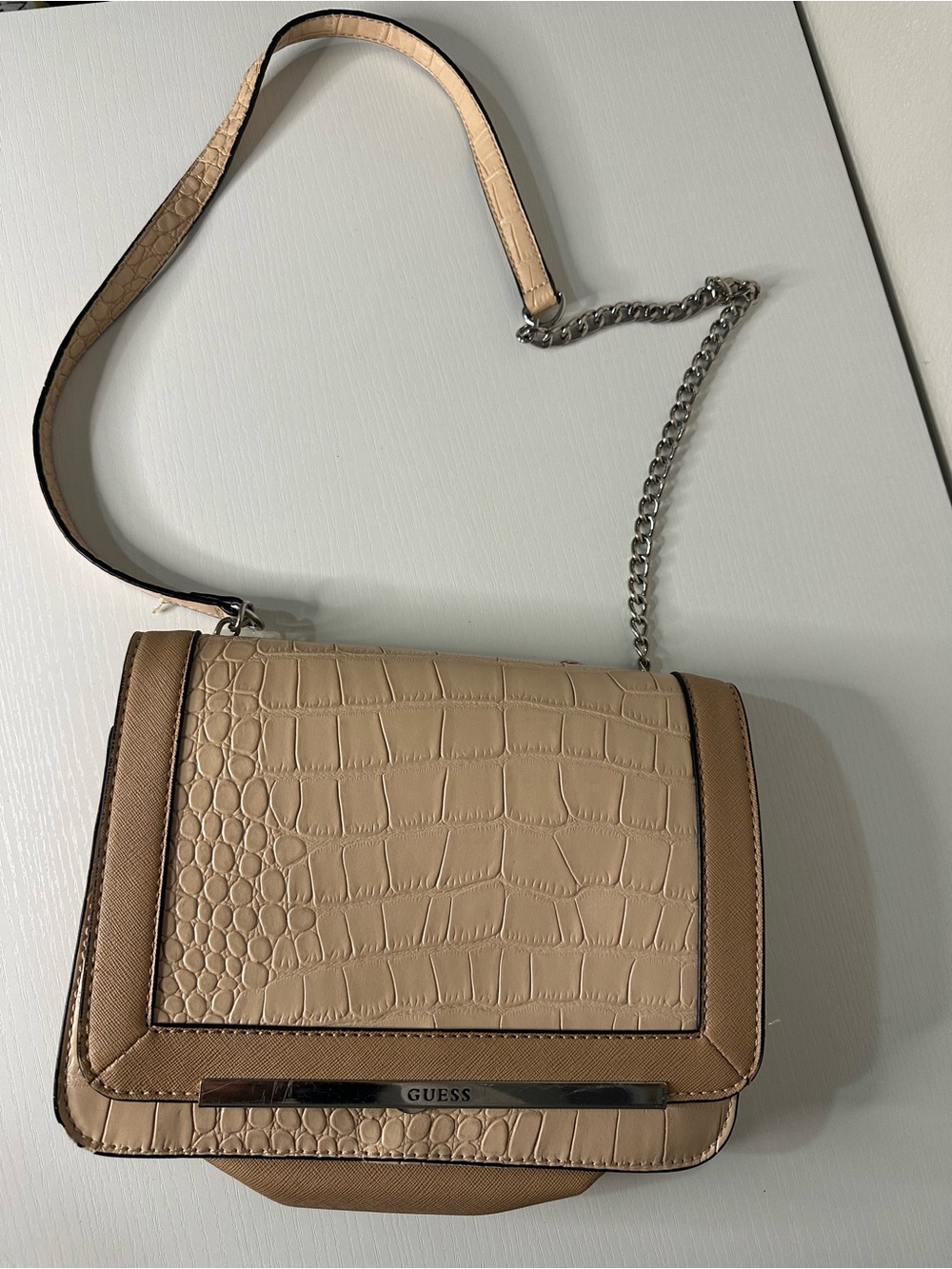 Guess Beige Croc-Embossed Crossbody Bag with Chain Strap